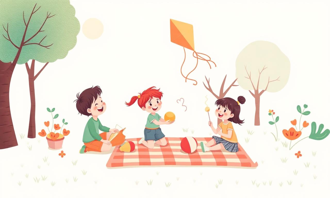 Children playing together in a park with a kite and a picnic blanket